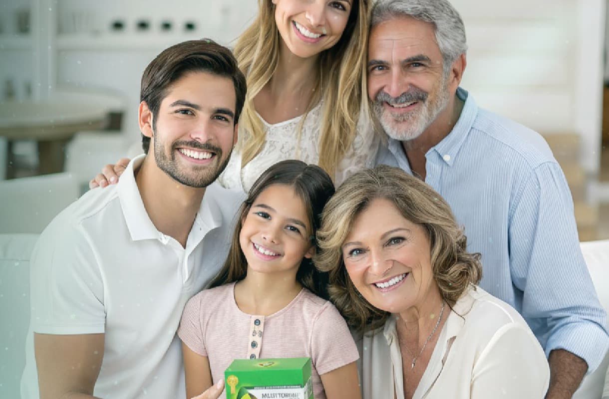Familia multigeneracional sonriendo junto al producto MultyDrink