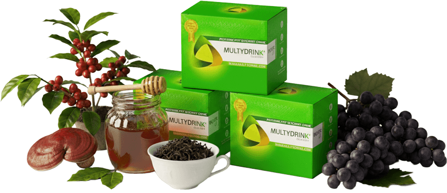 Caja de MultyDrink junto a sus ingredientes naturales: café, ganoderma, uva y té negro