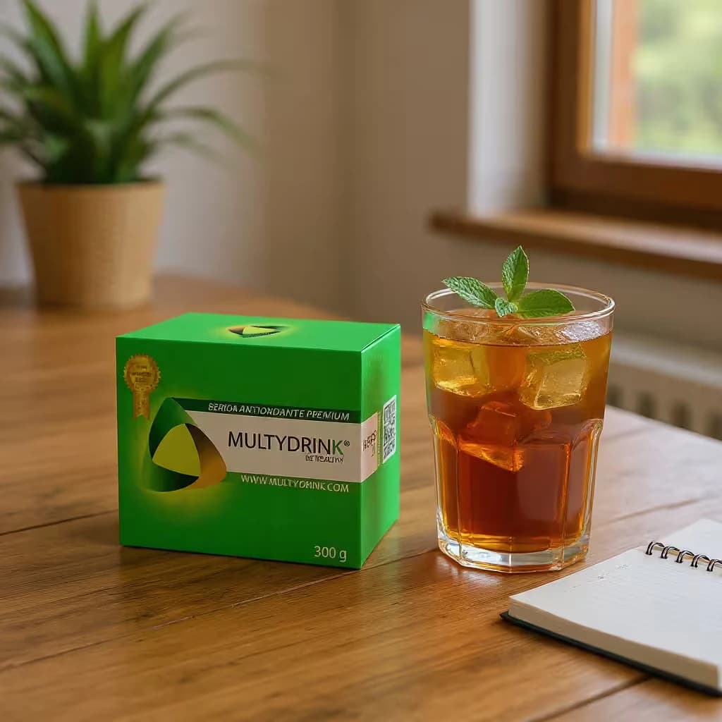 Caja de MultyDrink junto a un vaso de la bebida preparada, servida con hielo